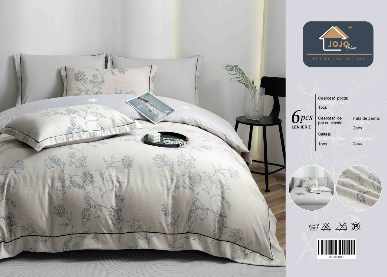 Lenjerie de lux pentru pat dublu,bumbac finet,6 piese,cearceaf cu elastic,gri,imprimeu cu flori-A1007 [2]