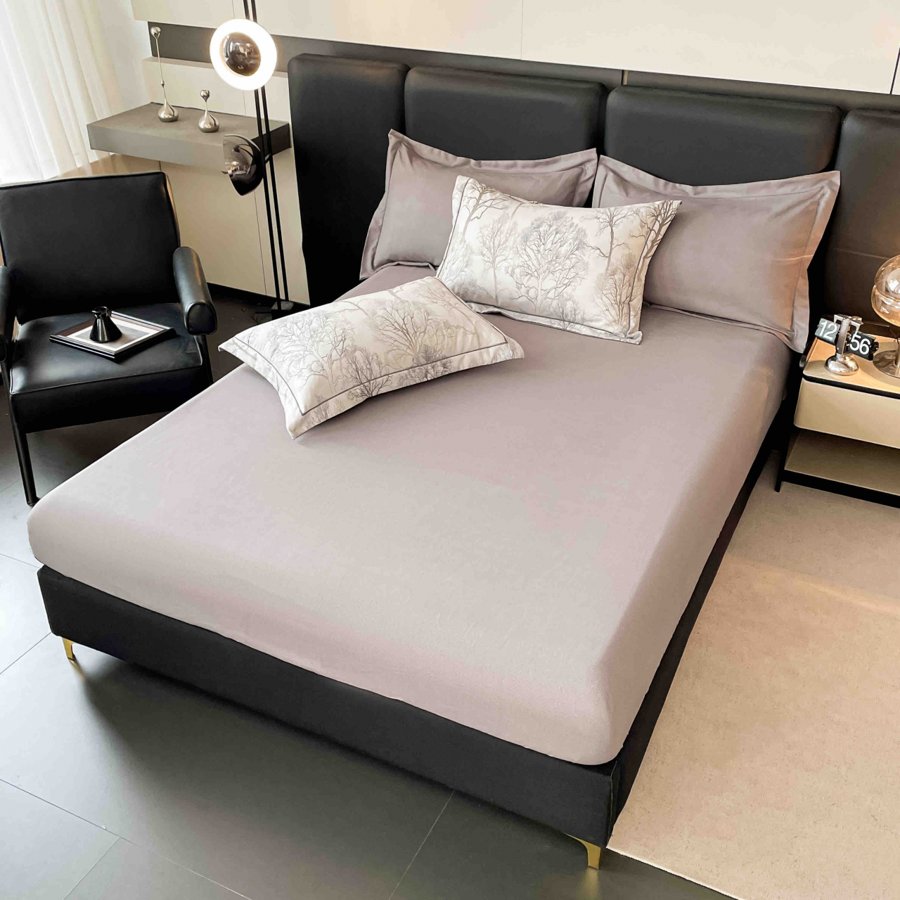 Lenjerie de lux pentru pat dublu,bumbac finet,6 piese,cearceaf cu elastic,alba/bej,imprimeu cu pomi-A1001 [8]
