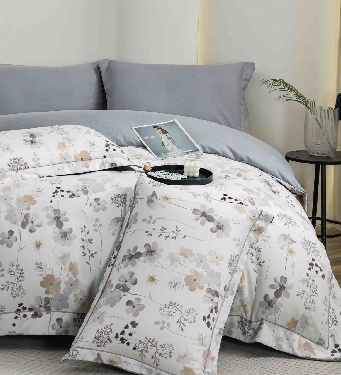Lenjerie de lux pentru pat dublu,bumbac finet,6 piese,cearceaf cu elastic,alba/mov,cu floricele-A1009 [3]