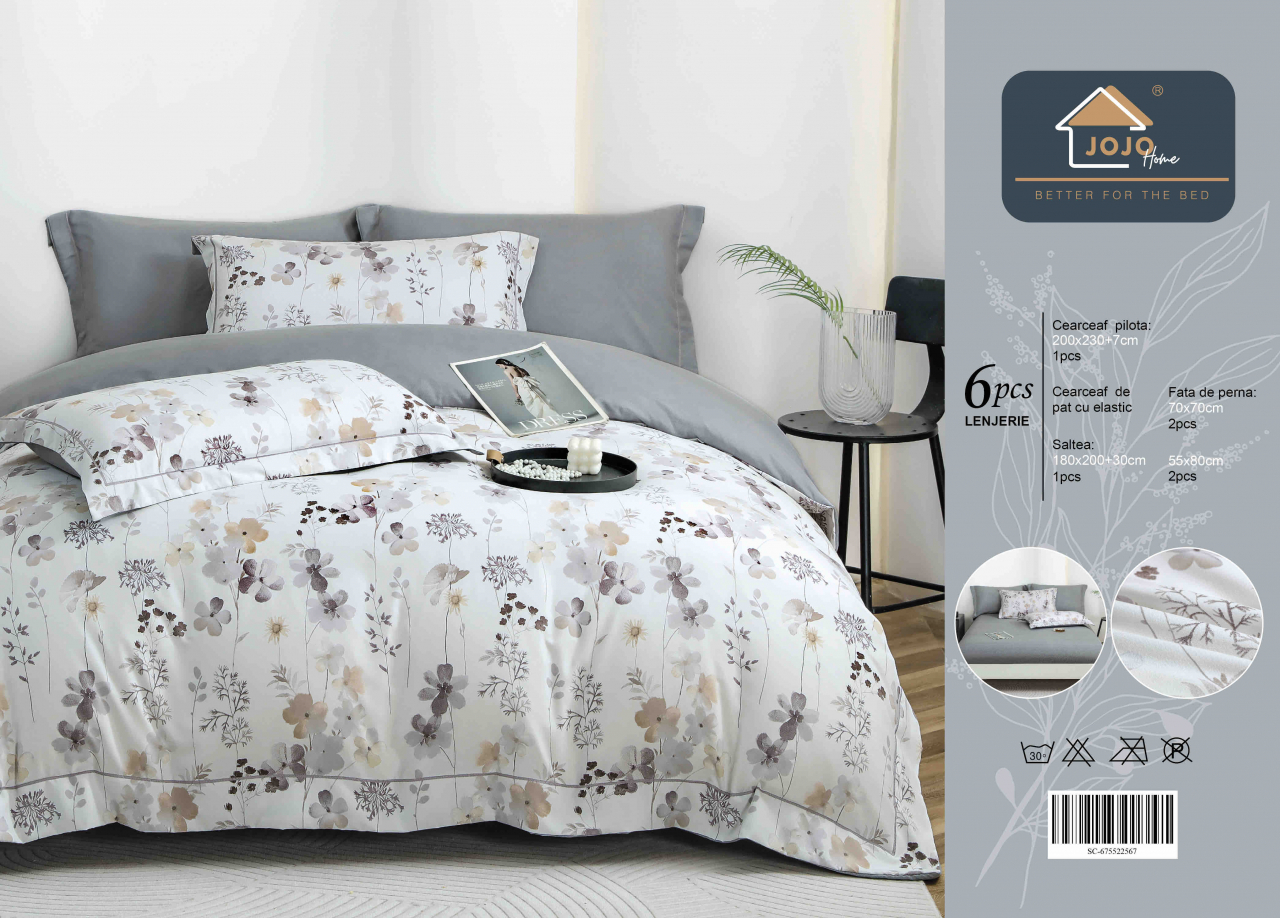 Lenjerie de lux pentru pat dublu,bumbac finet,6 piese,cearceaf cu elastic,alba/mov,cu floricele-A1009 [2]