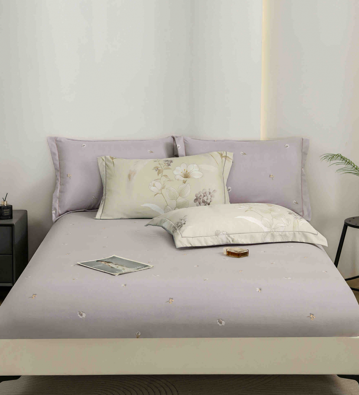 Lenjerie de lux pentru pat dublu,bumbac finet,6 piese,cearceaf cu elastic,crem/mov,cu flori-A1010 [8]