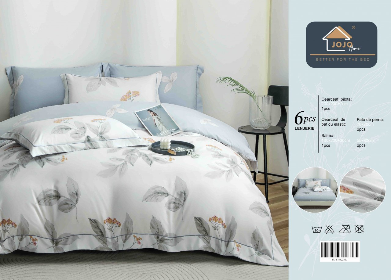 Lenjerie de lux pentru pat dublu,bumbac finet,6 piese,cearceaf cu elastic,alba/bleu,flori gri-A1012 [2]