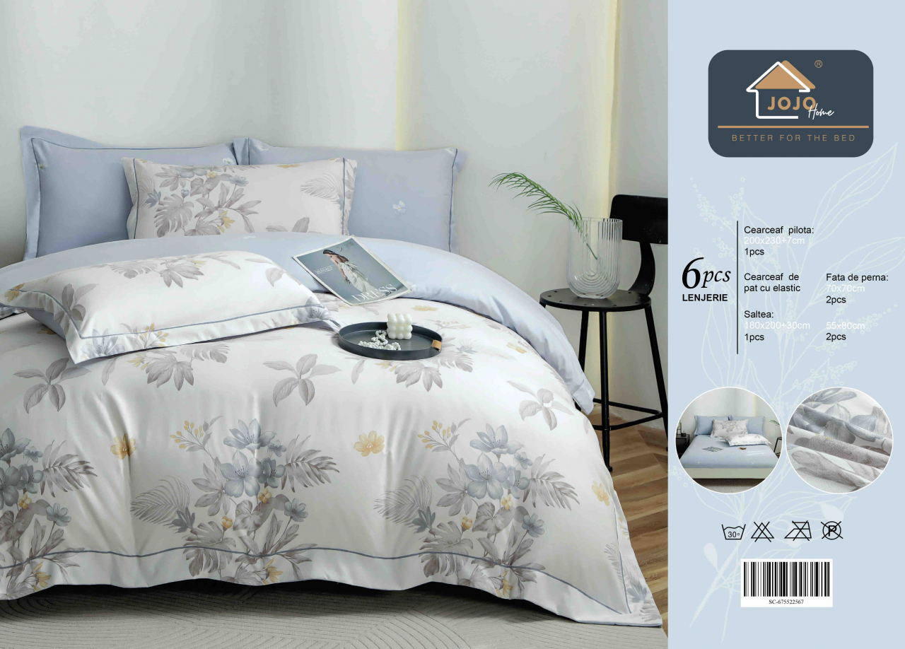 Lenjerie de lux pentru pat dublu,bumbac finet,6 piese,cearceaf cu elastic,alba/bleu,imprimeu cu floricele gri-A1014 [2]