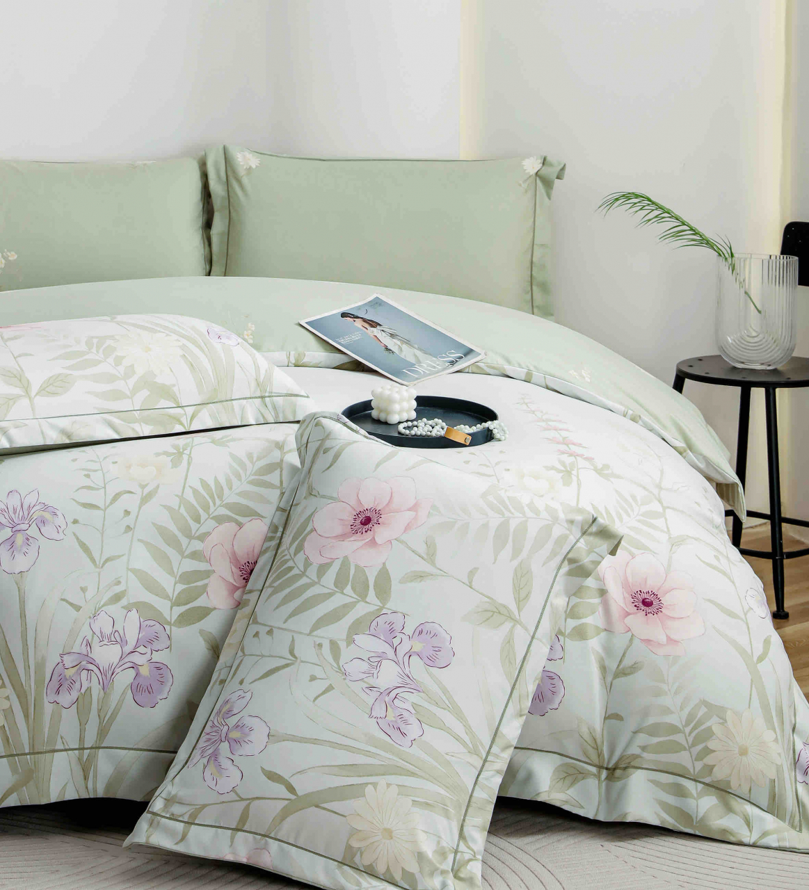 Lenjerie de lux pentru pat dublu,bumbac finet,6 piese,cearceaf cu elastic,alba/verde deschis,cu flori-A1015 [3]