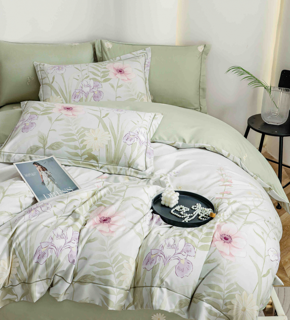 Lenjerie de lux pentru pat dublu,bumbac finet,6 piese,cearceaf cu elastic,alba/verde deschis,cu flori-A1015 [5]