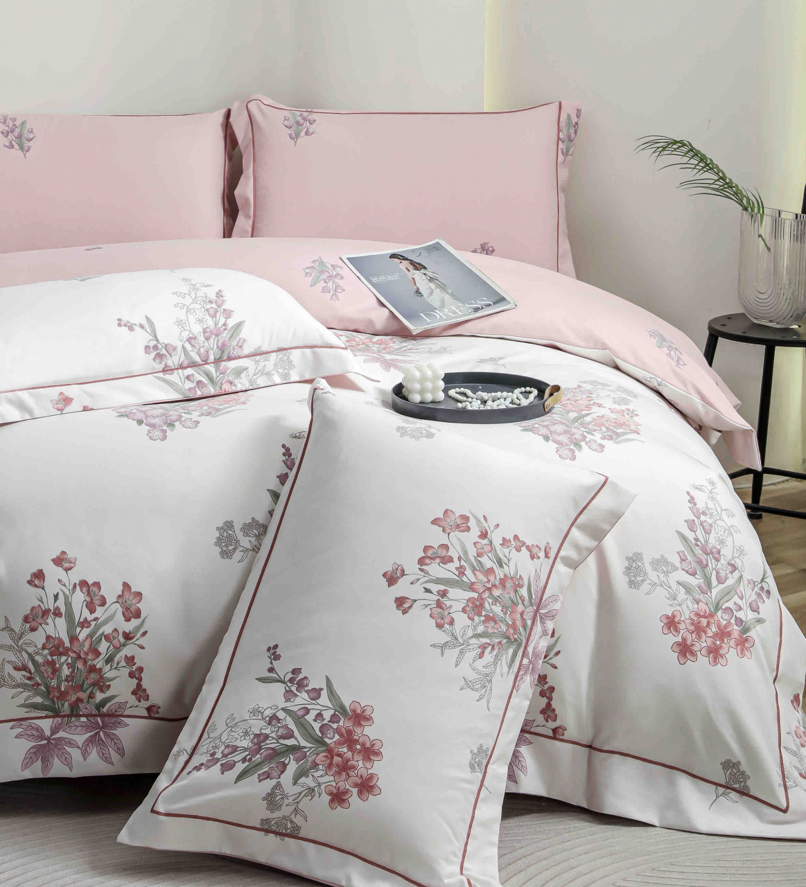 Lenjerie de lux pentru pat dublu,bumbac finet,6 piese,cearceaf cu elastic,alba/roz,cu flori-A1016 [3]
