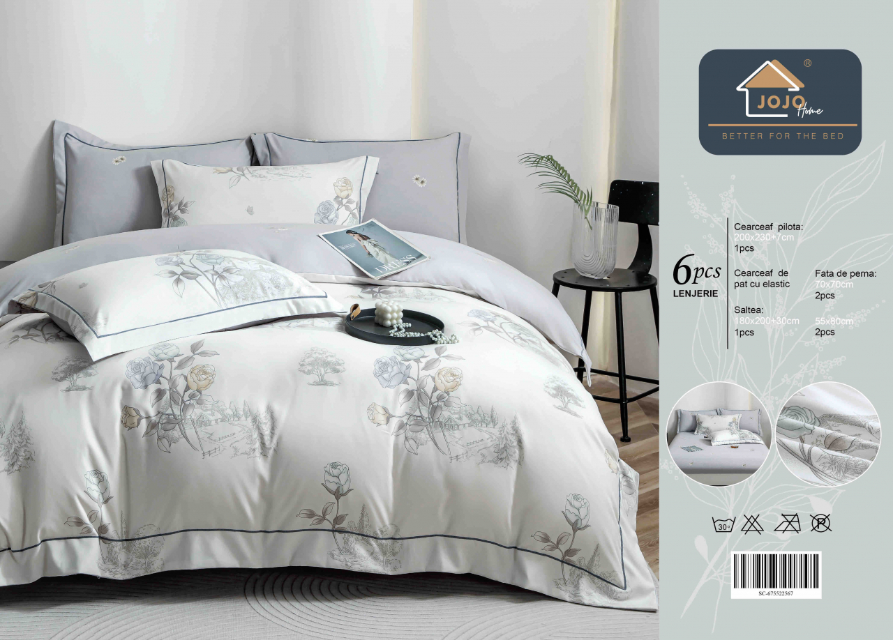 Lenjerie de lux pentru pat dublu,bumbac finet,6 piese,cearceaf cu elastic,alba/gri,cu trandafiri-A1017 [2]