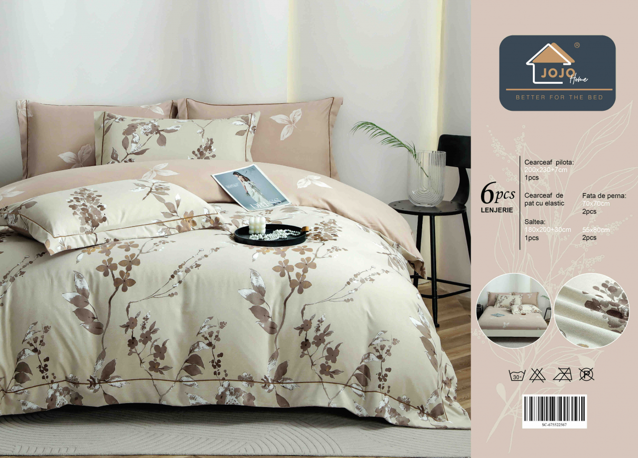 Lenjerie de lux pentru pat dublu,bumbac finet,6 piese,cearceaf cu elastic,bej,cu flori-A1020 [2]