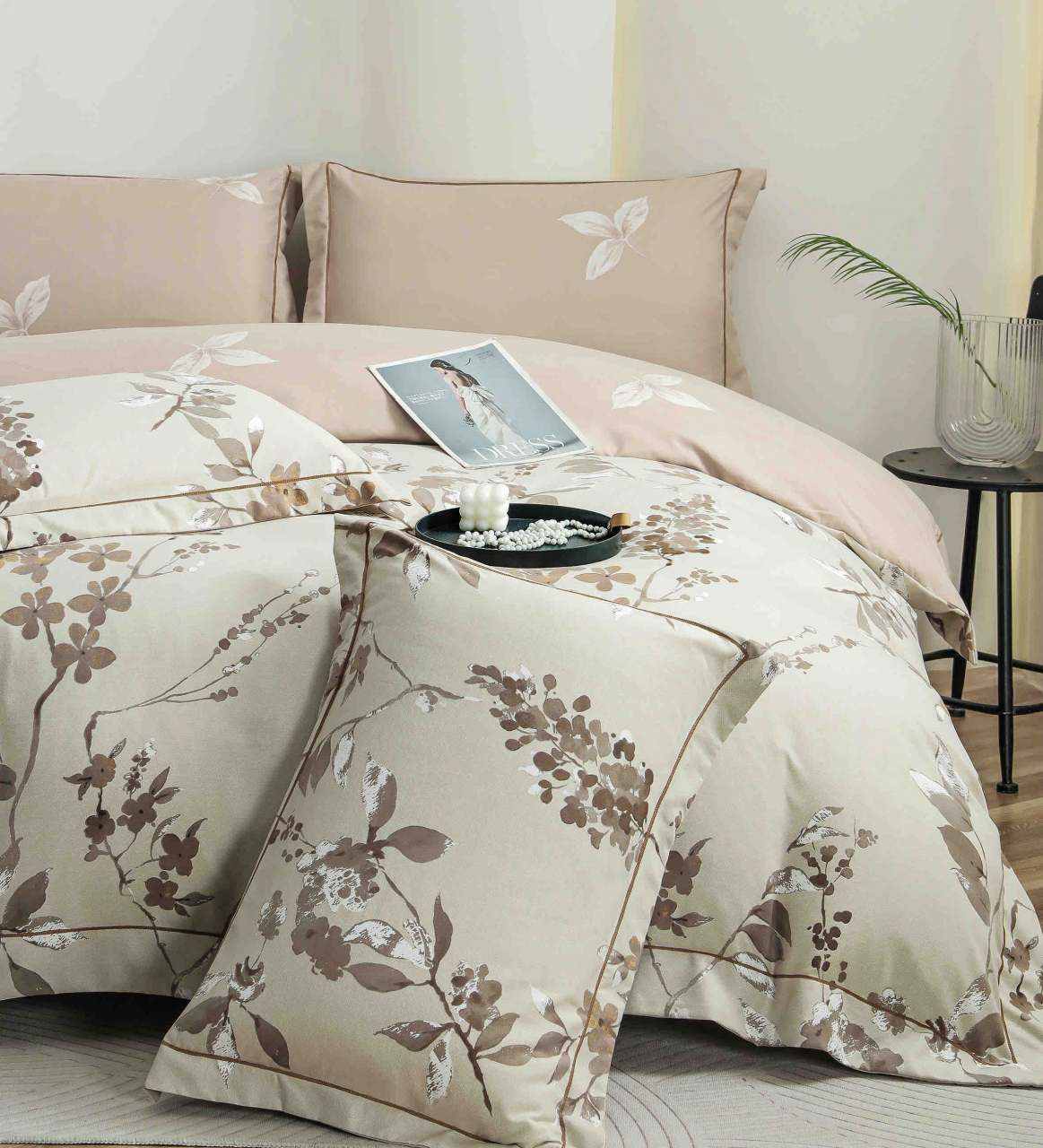 Lenjerie de lux pentru pat dublu,bumbac finet,6 piese,cearceaf cu elastic,bej,cu flori-A1020 [3]