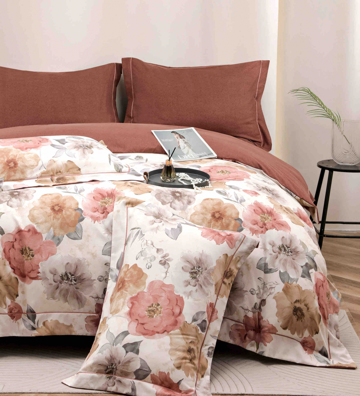 Lenjerie de lux pentru pat dublu,bumbac finet,6 piese,cearceaf cu elastic,alba/maro cu floricele-A993 [3]