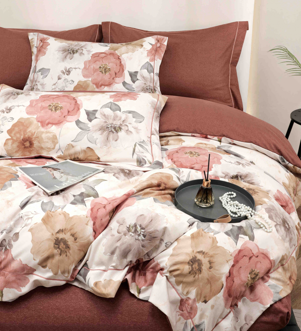 Lenjerie de lux pentru pat dublu,bumbac finet,6 piese,cearceaf cu elastic,alba/maro cu floricele-A993 [6]