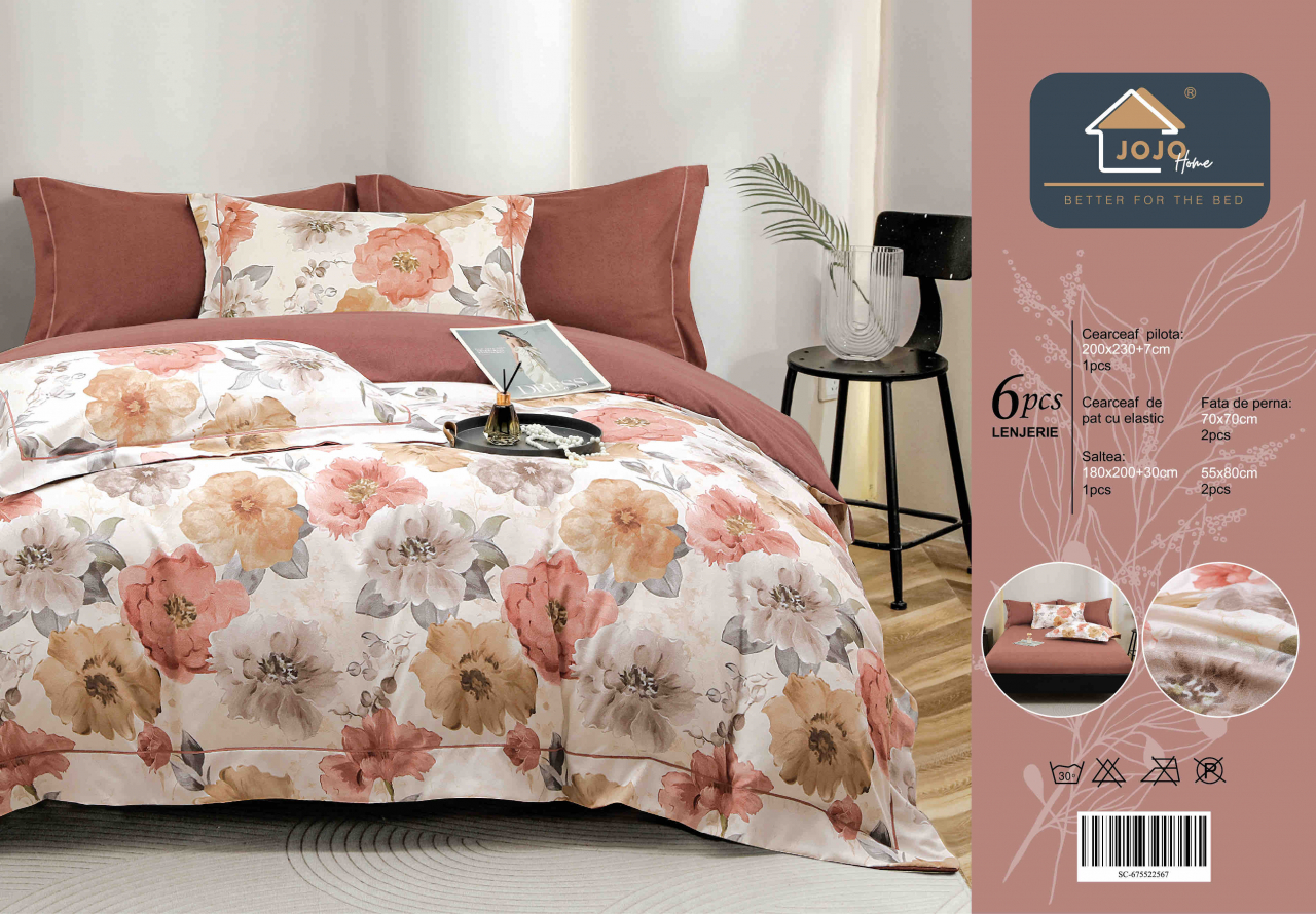 Lenjerie de lux pentru pat dublu,bumbac finet,6 piese,cearceaf cu elastic,alba/maro cu floricele-A993 [2]