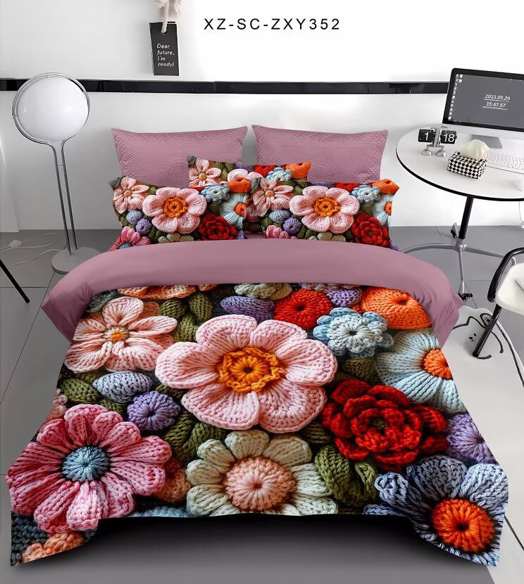 Lenjerie de pat 5D,pat dublu,bumbac finet,6 piese, imprimeu flori tricotate multicolore-A1276 [1]