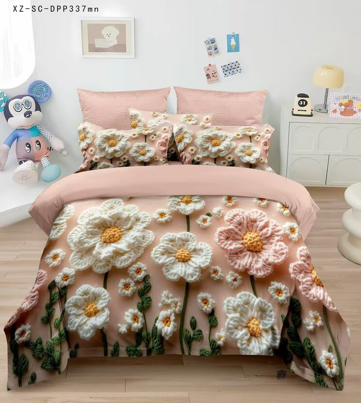 Lenjerie de pat 5D,pat dublu,bumbac finet,6 piese, imprimeu flori tricotate roz-bej-A1274 [1]