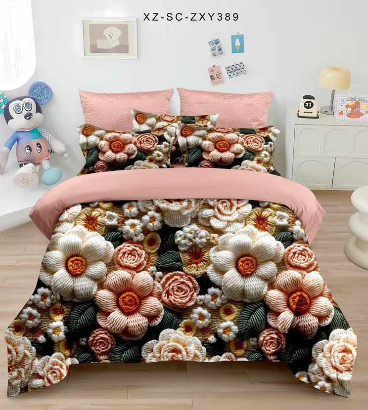 Lenjerie de pat 5D,pat dublu,bumbac finet,6 piese, imprimeu flori tricotate in nuante calde-A1278 [1]