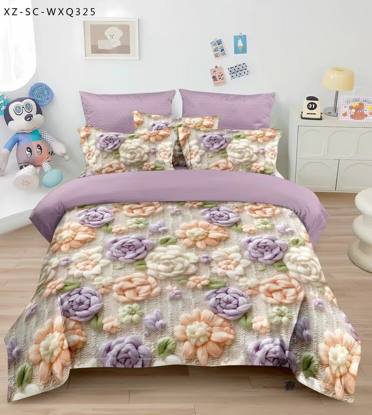 Lenjerie de pat 5D,pat dublu,bumbac finet,6 piese, imprimeu flori tricotate pastel-A1277 [1]