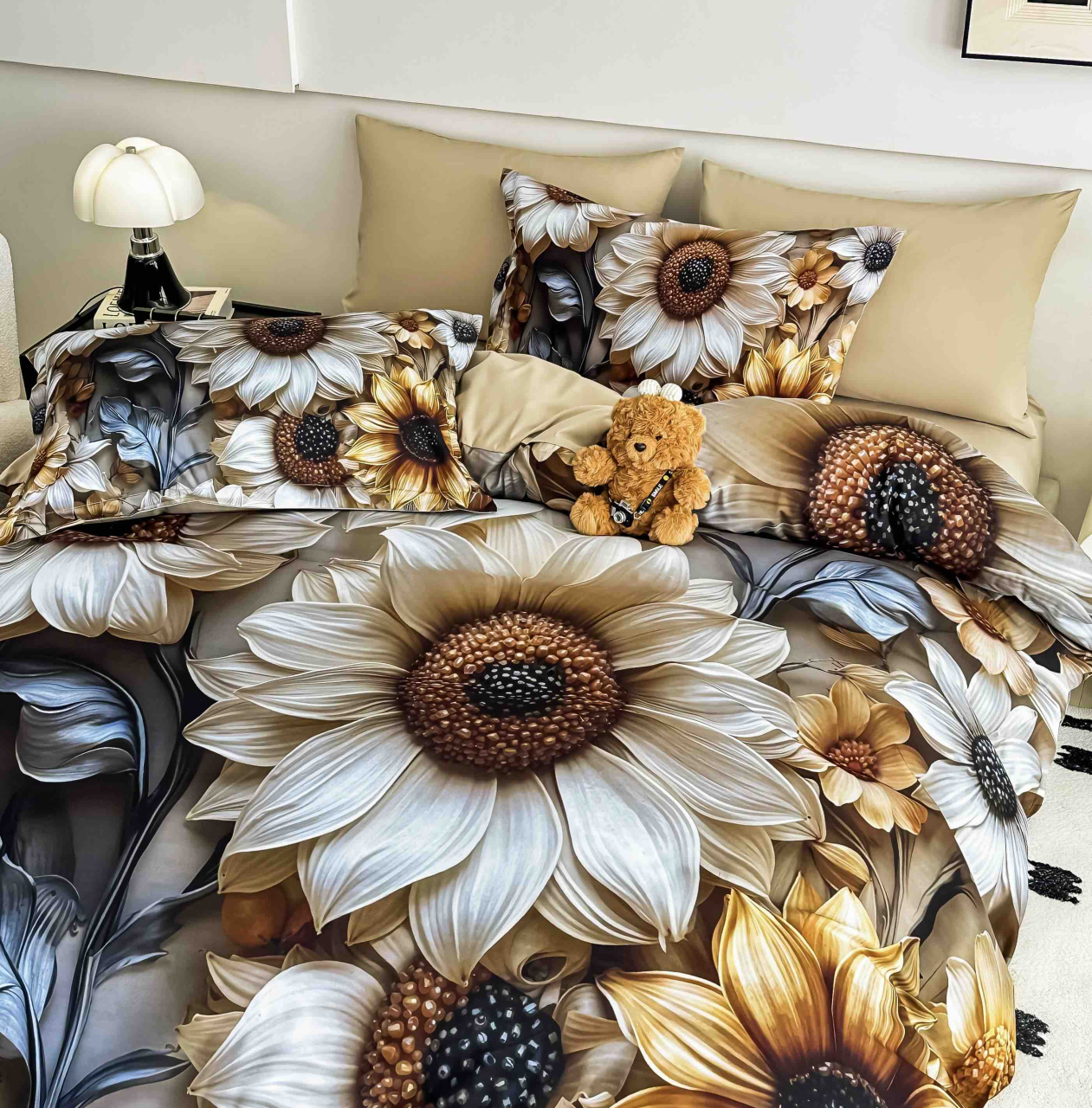 Lenjerie de pat cu elastic,pat dublu,bumbac finet,6 piese, imprimeu 5D imprimeu flori mari bej-A1226 [3]