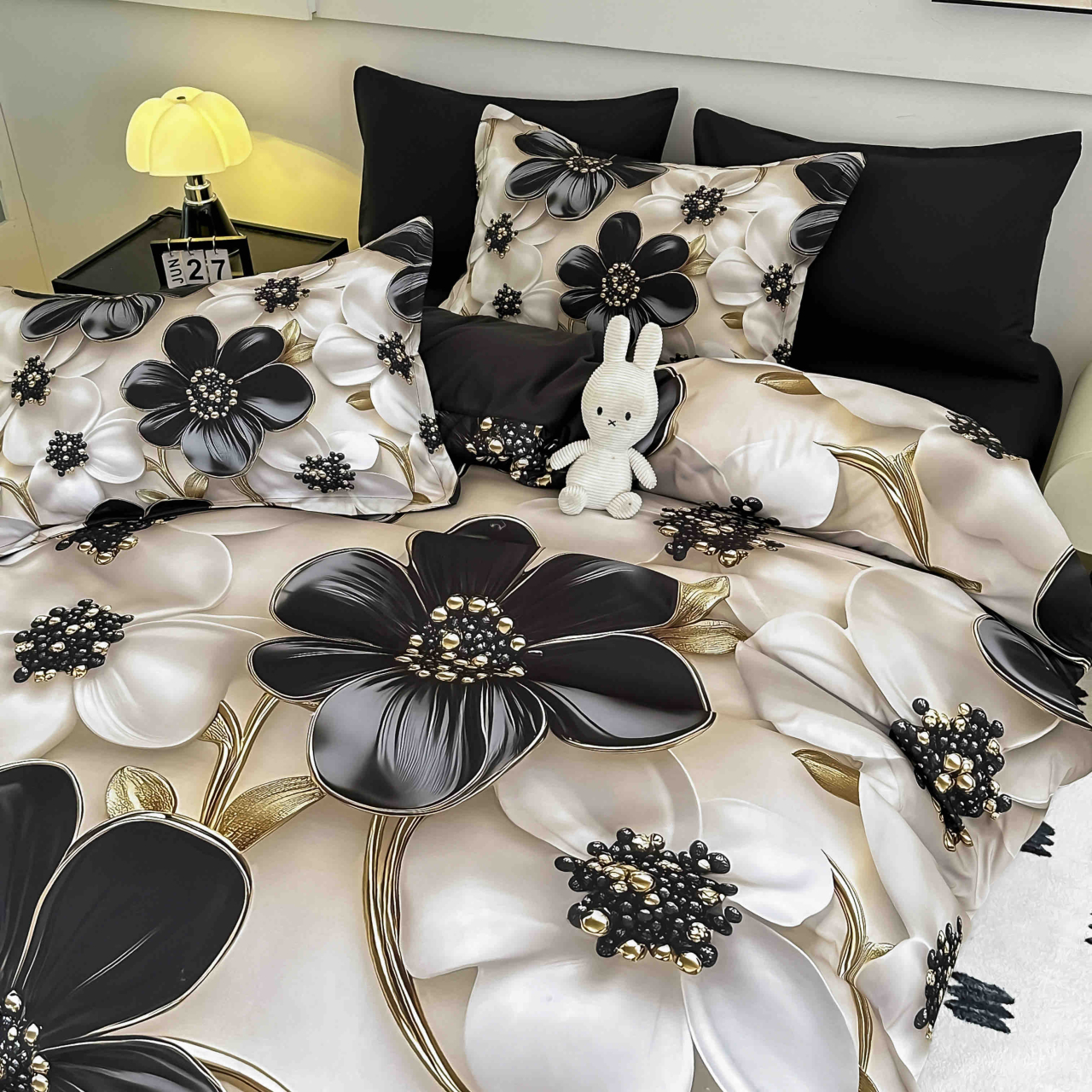 Lenjerie de pat cu elastic,pat dublu,bumbac finet,6 piese, imprimeu 5D imprimeu floral elegant negru si auriu-A1219 [3]