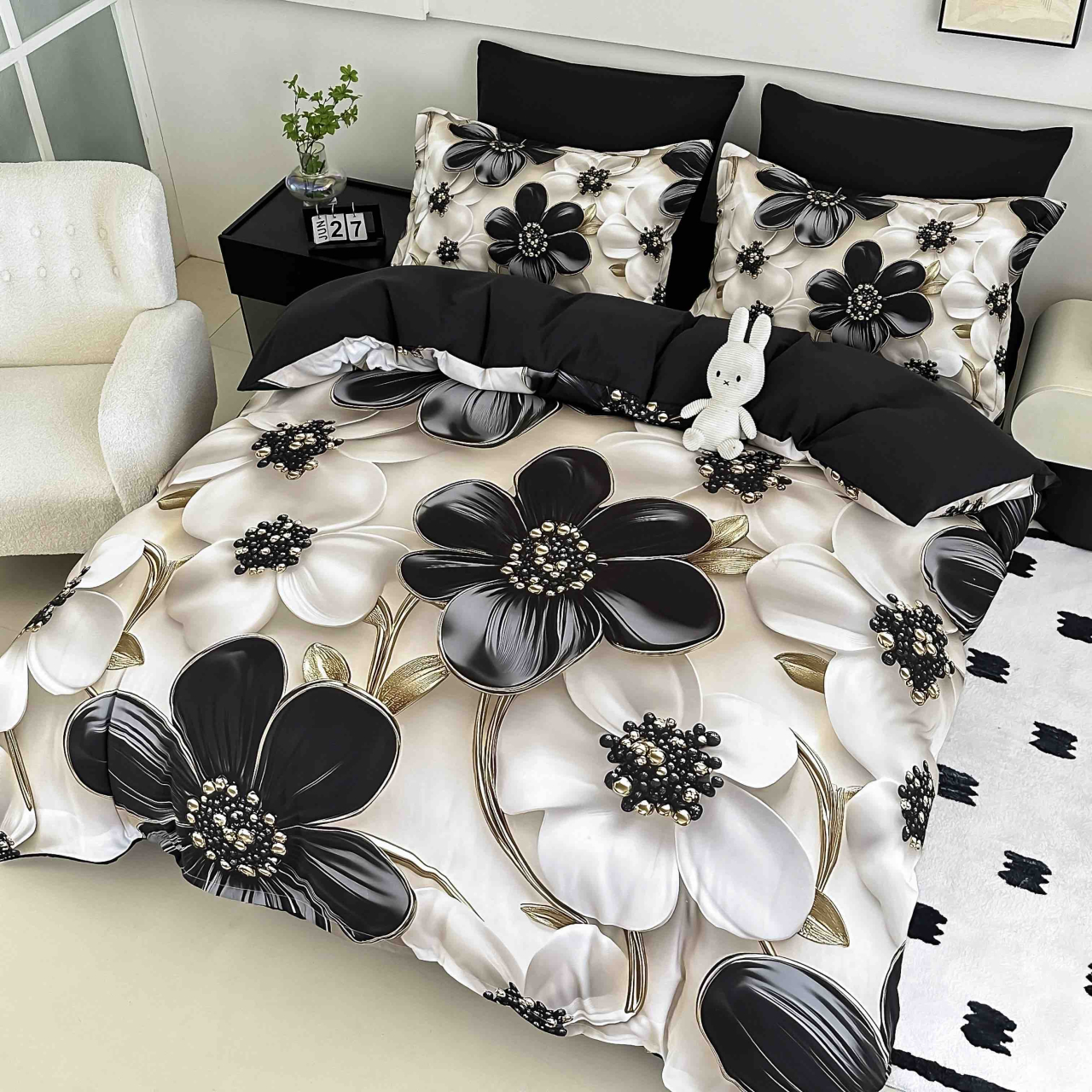 Lenjerie de pat cu elastic,pat dublu,bumbac finet,6 piese, imprimeu 5D imprimeu floral elegant negru si auriu-A1219 [2]