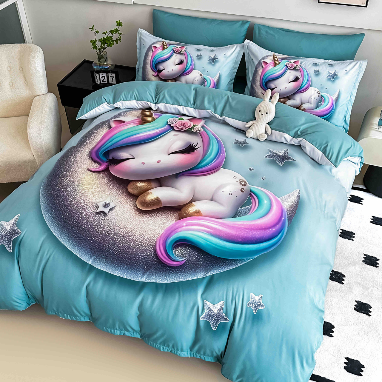 Lenjerie de pat cu elastic,pat dublu,bumbac finet,6 piese, imprimeu 5D imprimeu unicorn pastel pe luna-A1232 [2]