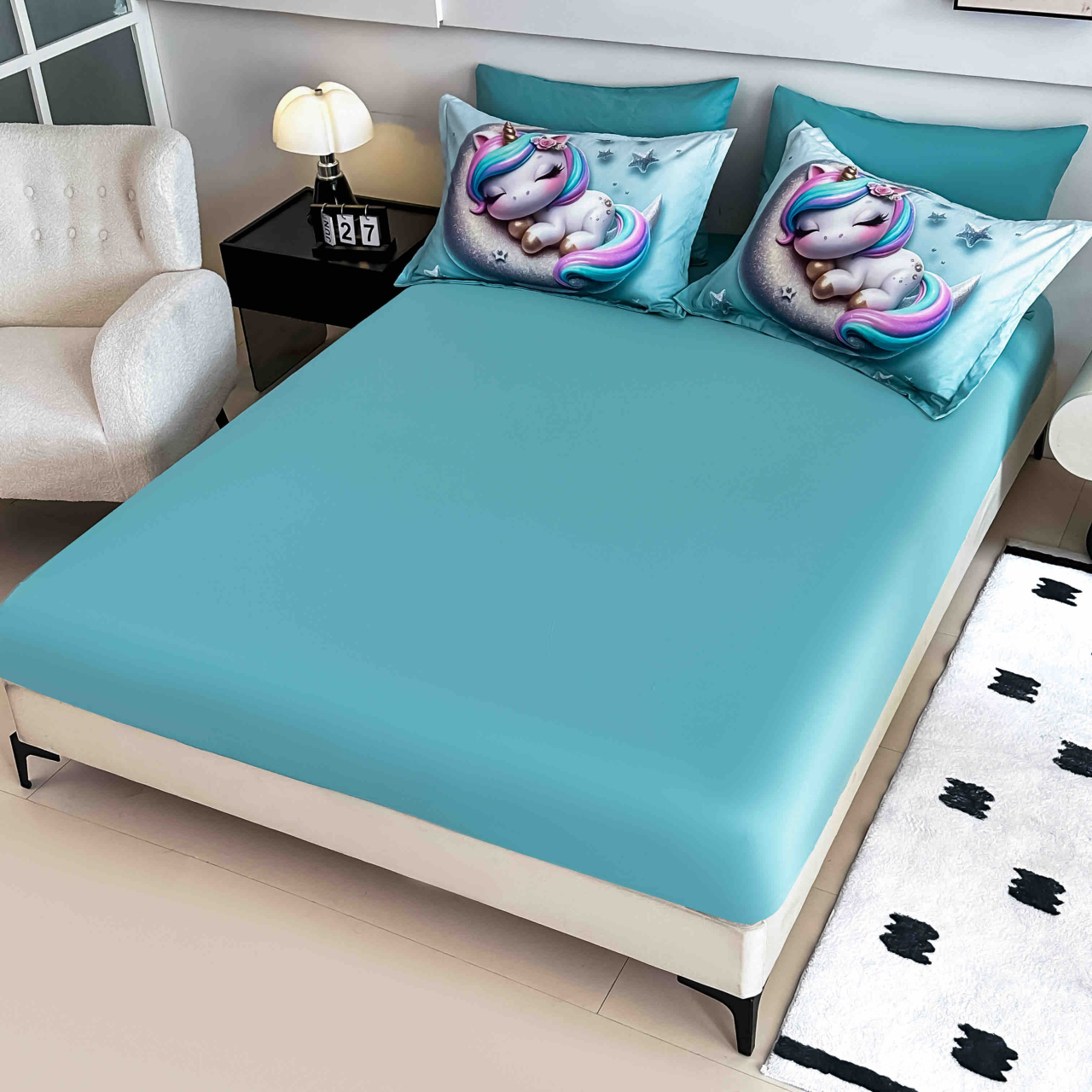 Lenjerie de pat cu elastic,pat dublu,bumbac finet,6 piese, imprimeu 5D imprimeu unicorn pastel pe luna-A1232 [4]