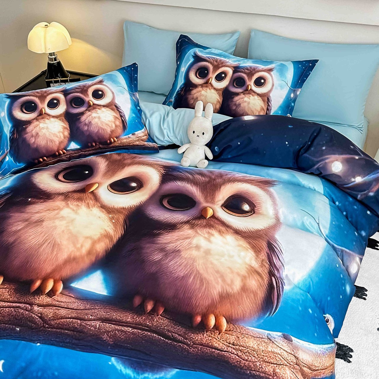 Lenjerie de pat cu elastic,pat dublu,bumbac finet,6 piese, imprimeu 5D imprimeu bufnite pe ramura-A1227 [3]
