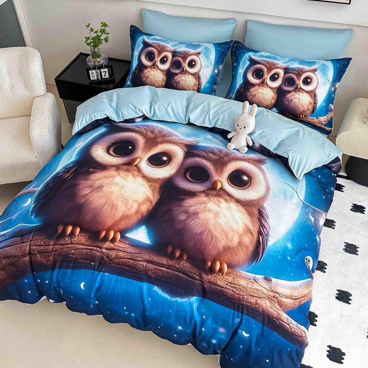 Lenjerie de pat cu elastic,pat dublu,bumbac finet,6 piese, imprimeu 5D imprimeu bufnite pe ramura-A1227 [2]
