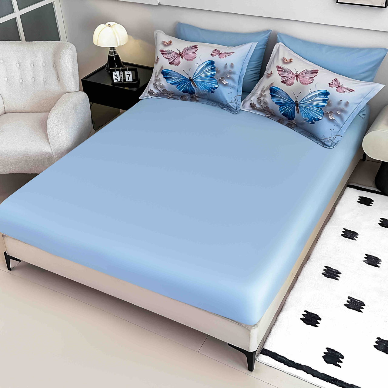 Lenjerie de pat cu elastic,pat dublu,bumbac finet,6 piese, imprimeu 5D imprimeu fluturi albaștri și roz-A1234 [3]