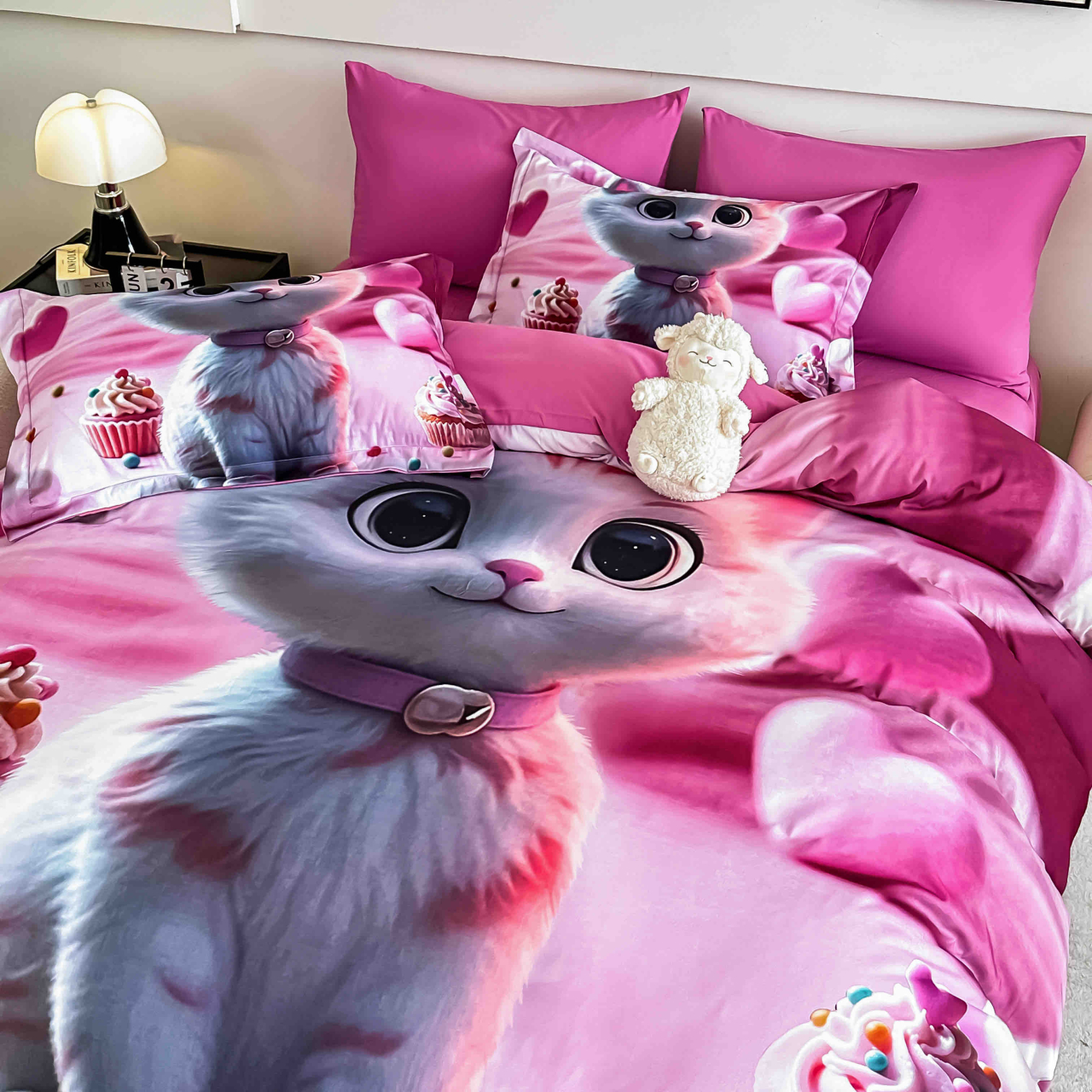 Lenjerie de pat cu elastic,pat dublu,bumbac finet,6 piese, imprimeu 5D imprimeu pisicuță și brioșe-A1236 [3]