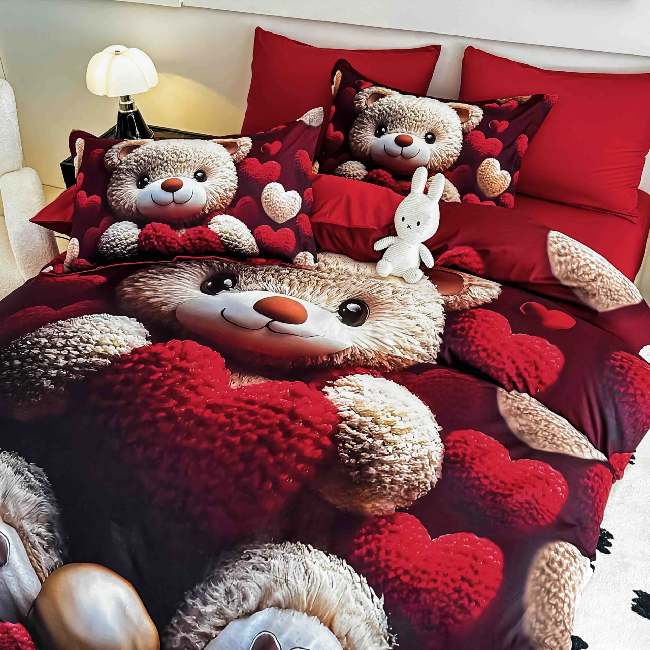Lenjerie de pat cu elastic,pat dublu,bumbac finet,6 piese, imprimeu 5D imprimeu ursuleț cu inimi roșii-A1239 [3]
