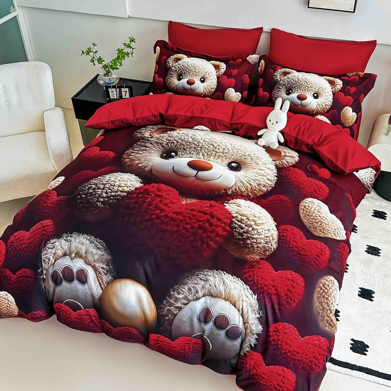 Lenjerie de pat cu elastic,pat dublu,bumbac finet,6 piese, imprimeu 5D imprimeu ursuleț cu inimi roșii-A1239 [2]