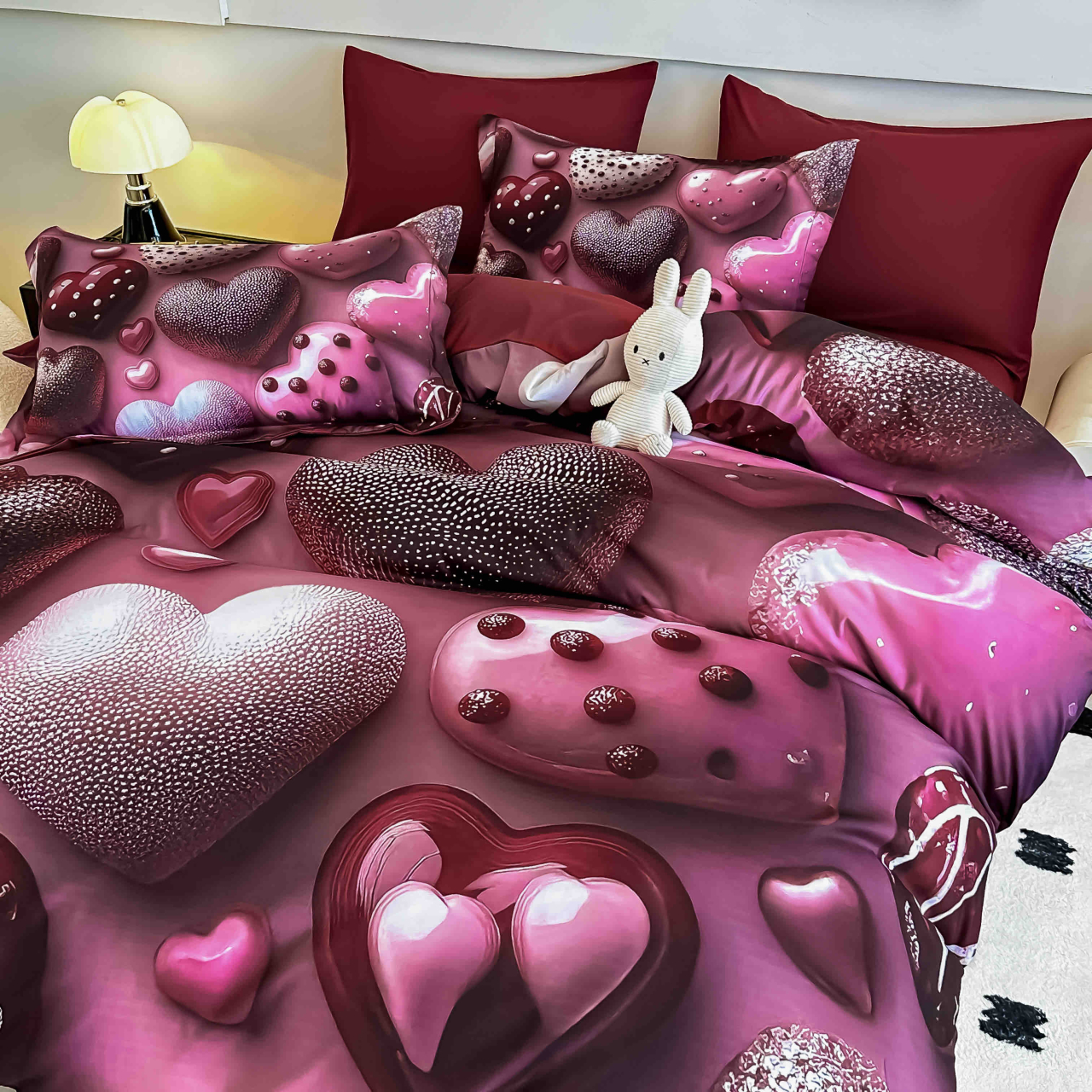 Lenjerie de pat cu elastic,pat dublu,bumbac finet,6 piese, imprimeu 5D imprimeu inimi de ciocolată-A1238 [3]