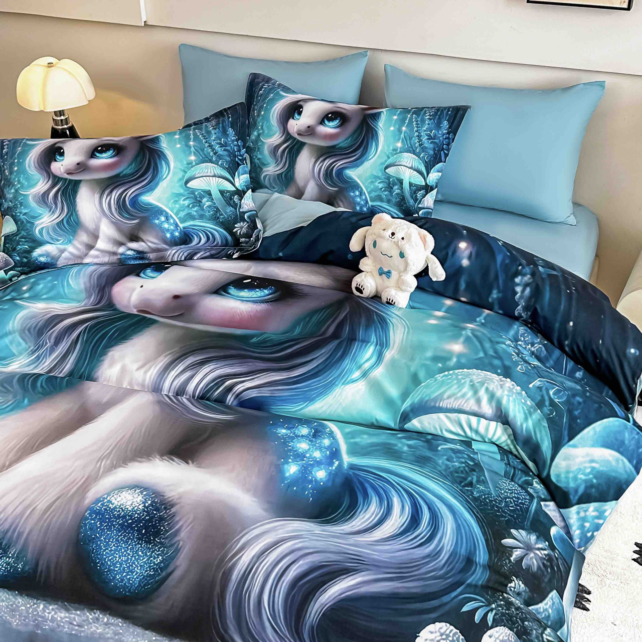 Lenjerie de pat cu elastic,pat dublu,bumbac finet,6 piese, imprimeu 5D imprimeu unicorn magic-A1221 [3]