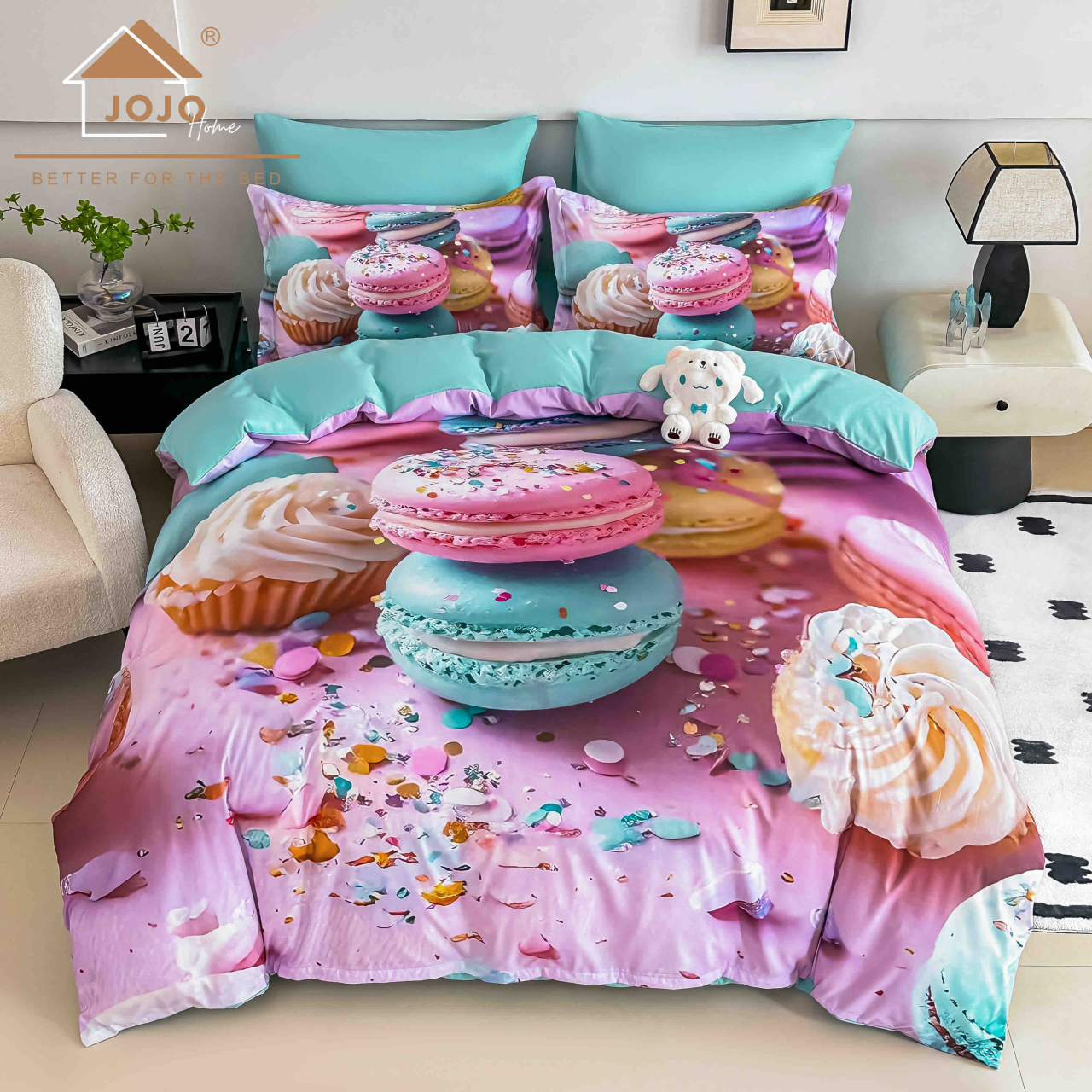 Lenjerie de pat cu elastic,pat dublu,bumbac finet,6 piese, imprimeu 5D imprimeu macarons și prăjituri colorate-A1237 [1]