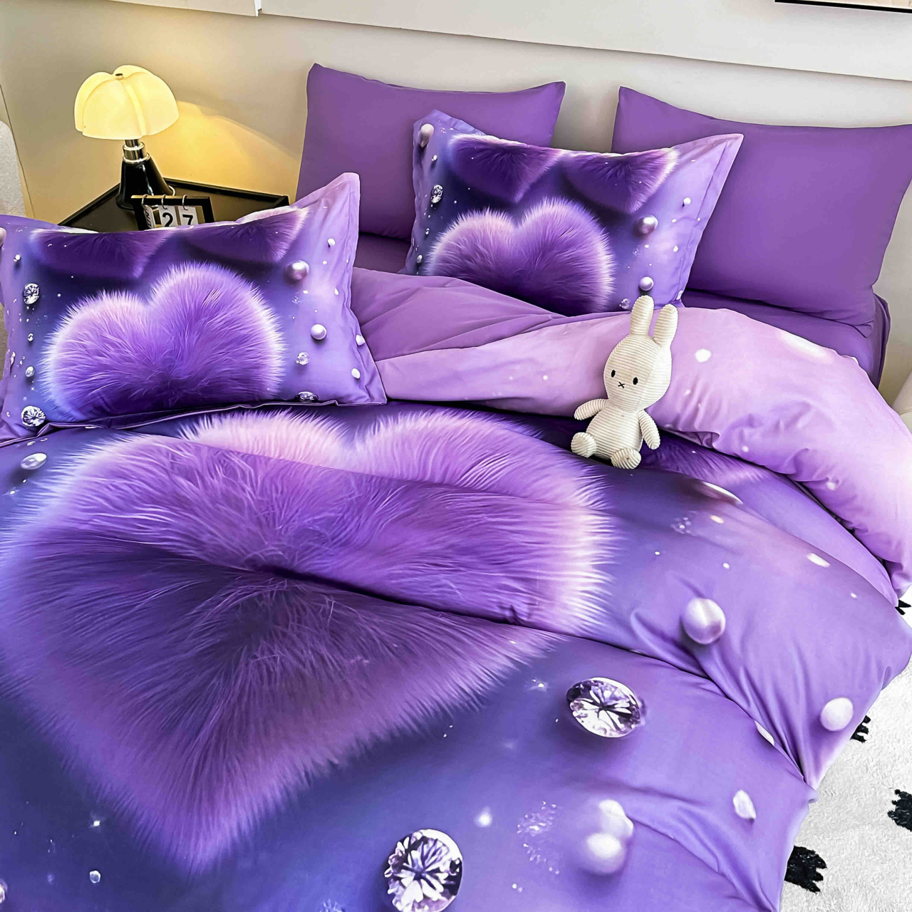 Lenjerie de pat cu elastic,pat dublu,bumbac finet,6 piese, imprimeu 5D imprimeu inimi pufoase mov-A1230 [3]