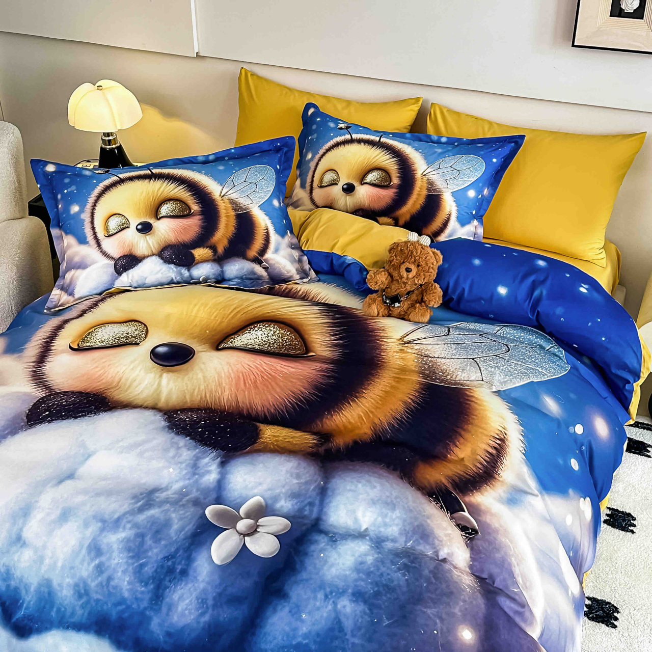 Lenjerie de pat cu elastic,pat dublu,bumbac finet,6 piese, imprimeu 5D imprimeu albina adormita-A1225 [3]