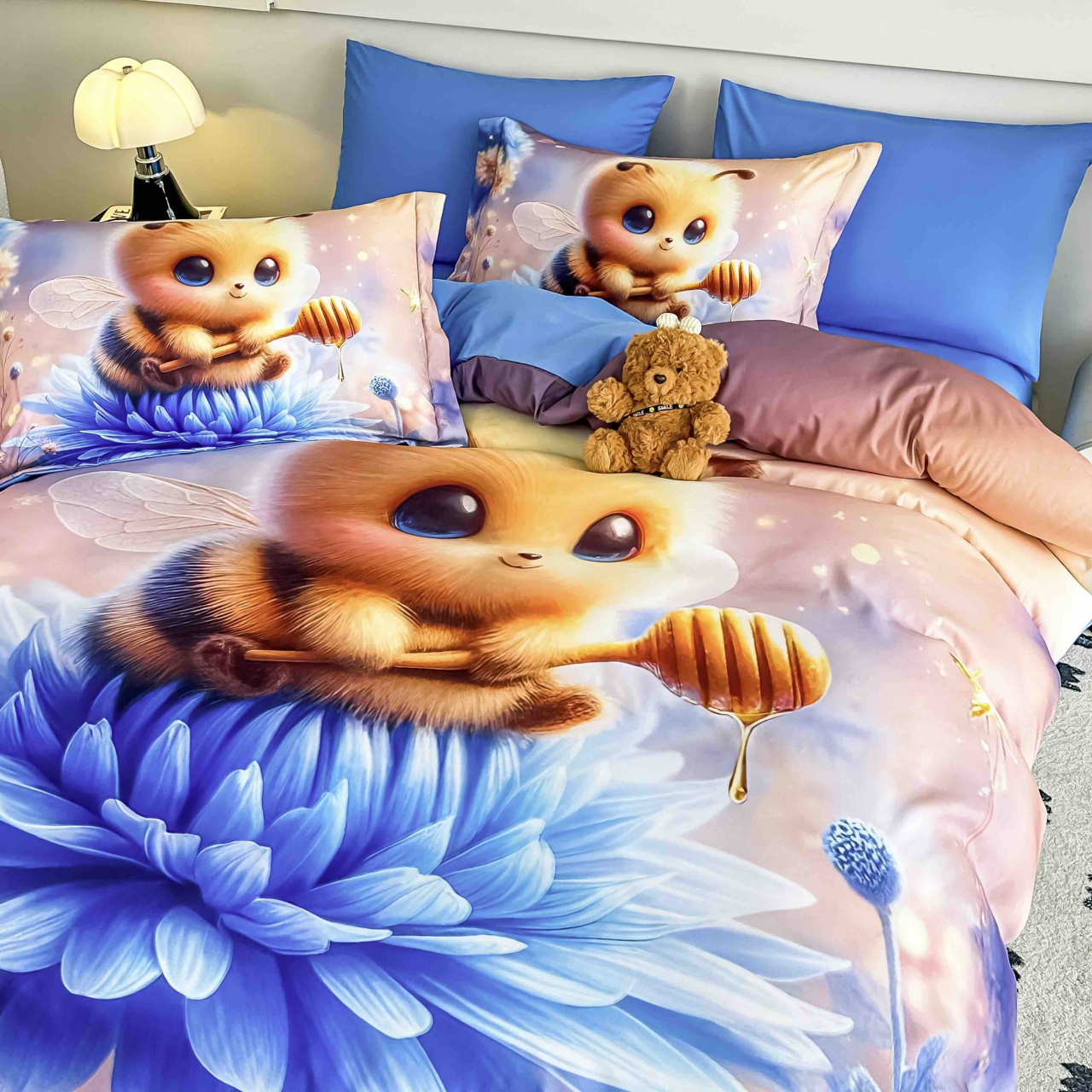 Lenjerie de pat cu elastic,pat dublu,bumbac finet,6 piese, imprimeu 5D imprimeu albina vesela pe floare-A1222 [3]