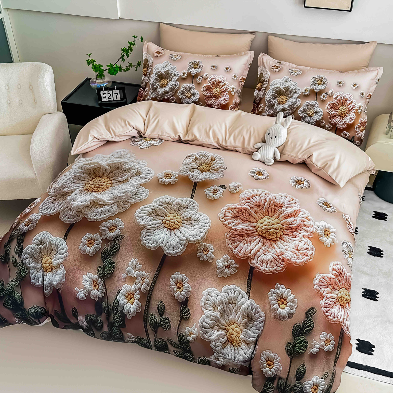 Lenjerie de pat cu elastic,pat dublu,bumbac finet,6 piese, imprimeu 5D imprimeu flori mari crem si roz somon-A1233 [2]