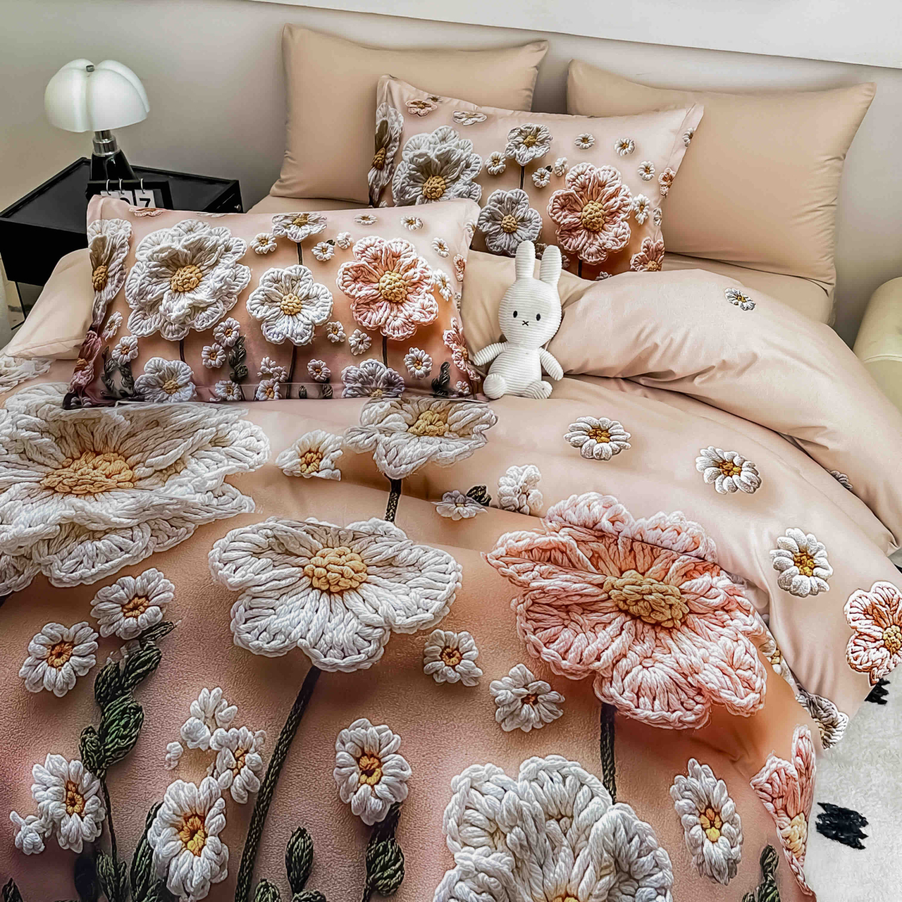 Lenjerie de pat cu elastic,pat dublu,bumbac finet,6 piese, imprimeu 5D imprimeu flori mari crem si roz somon-A1233 [3]