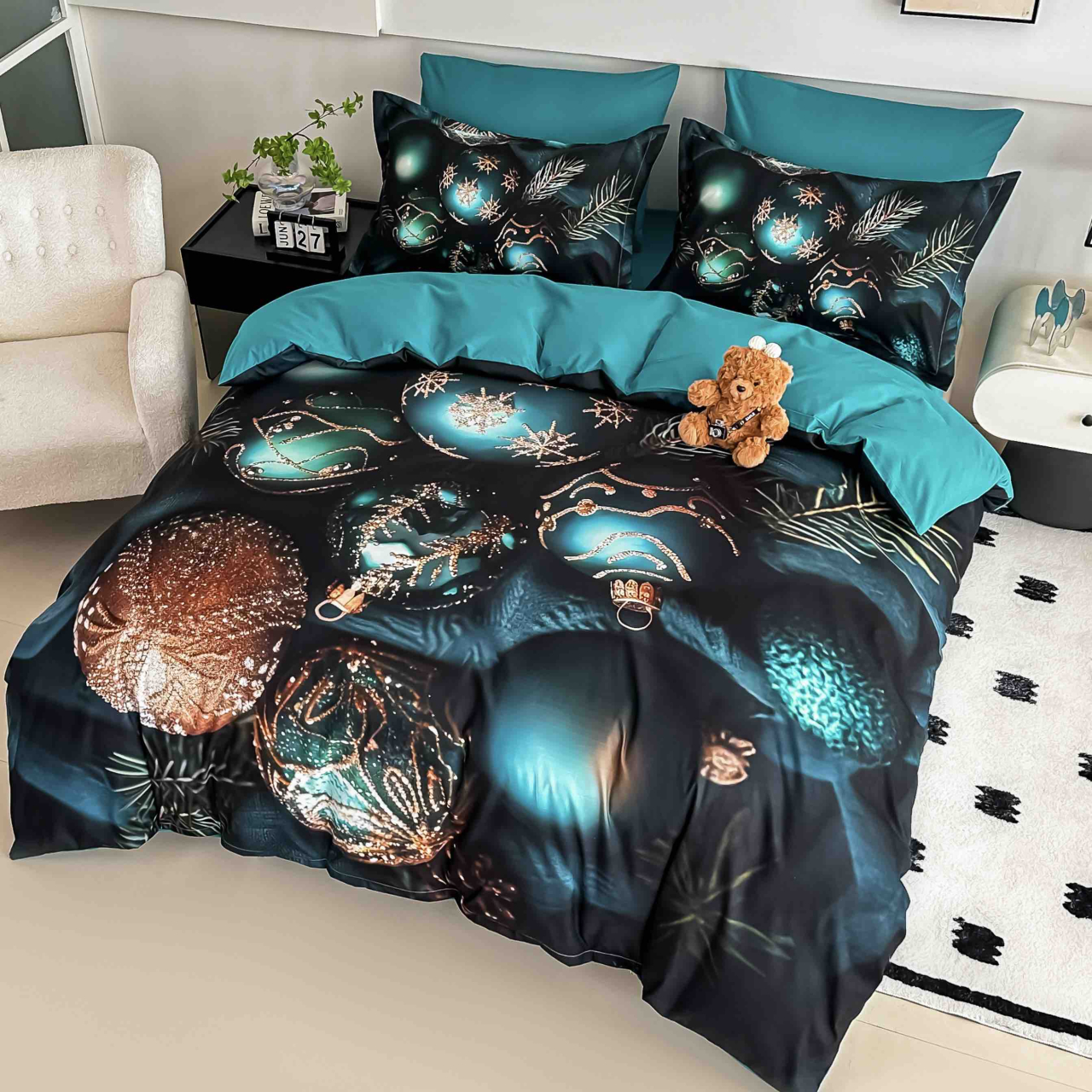 Lenjerie pat de Craciun cu elastic,pat dublu,bumbac finet,6 piese, imprimeu 5D globuri turcoaz si aurii-A1240 [2]