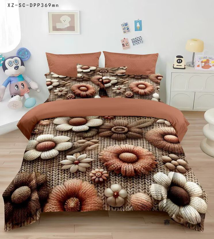 Lenjerie de pat 5D,pat dublu,bumbac finet,6 piese, imprimeu flori tricotate bej-maro-A1273 [1]