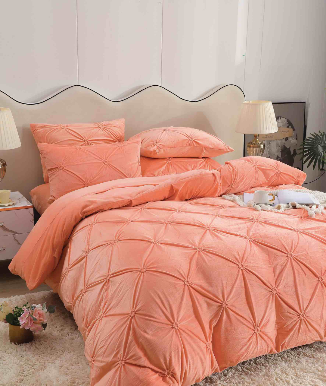Lenjerie de pat dublu din catifea cu pliuri,cearceaf cu elastic,4 piese,portocalie- A1381 [2]