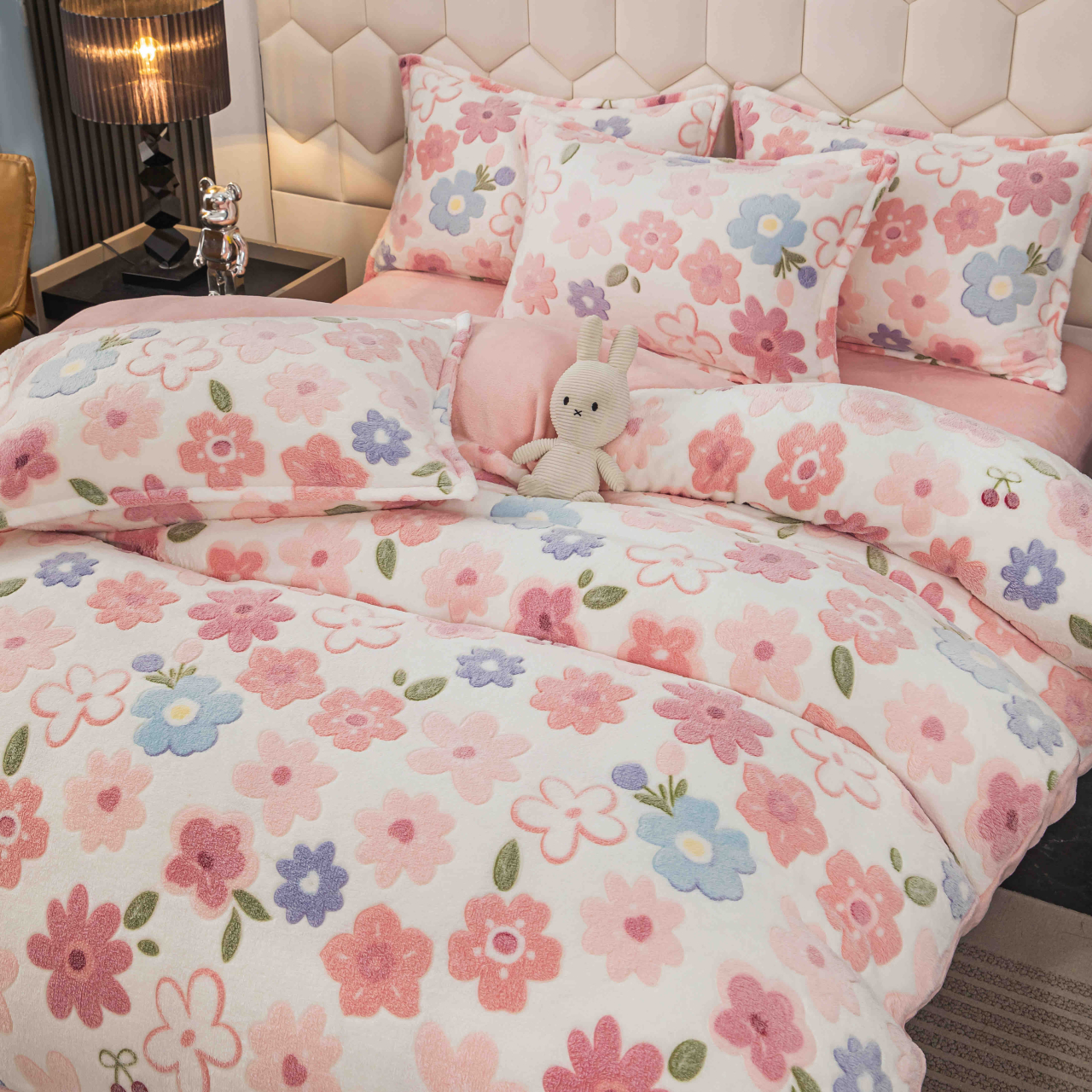 Lenjerie de pat dublu cocolino,4 piese, cearceaf cu elastic,alba/roz cu floricele-A1433 [3]