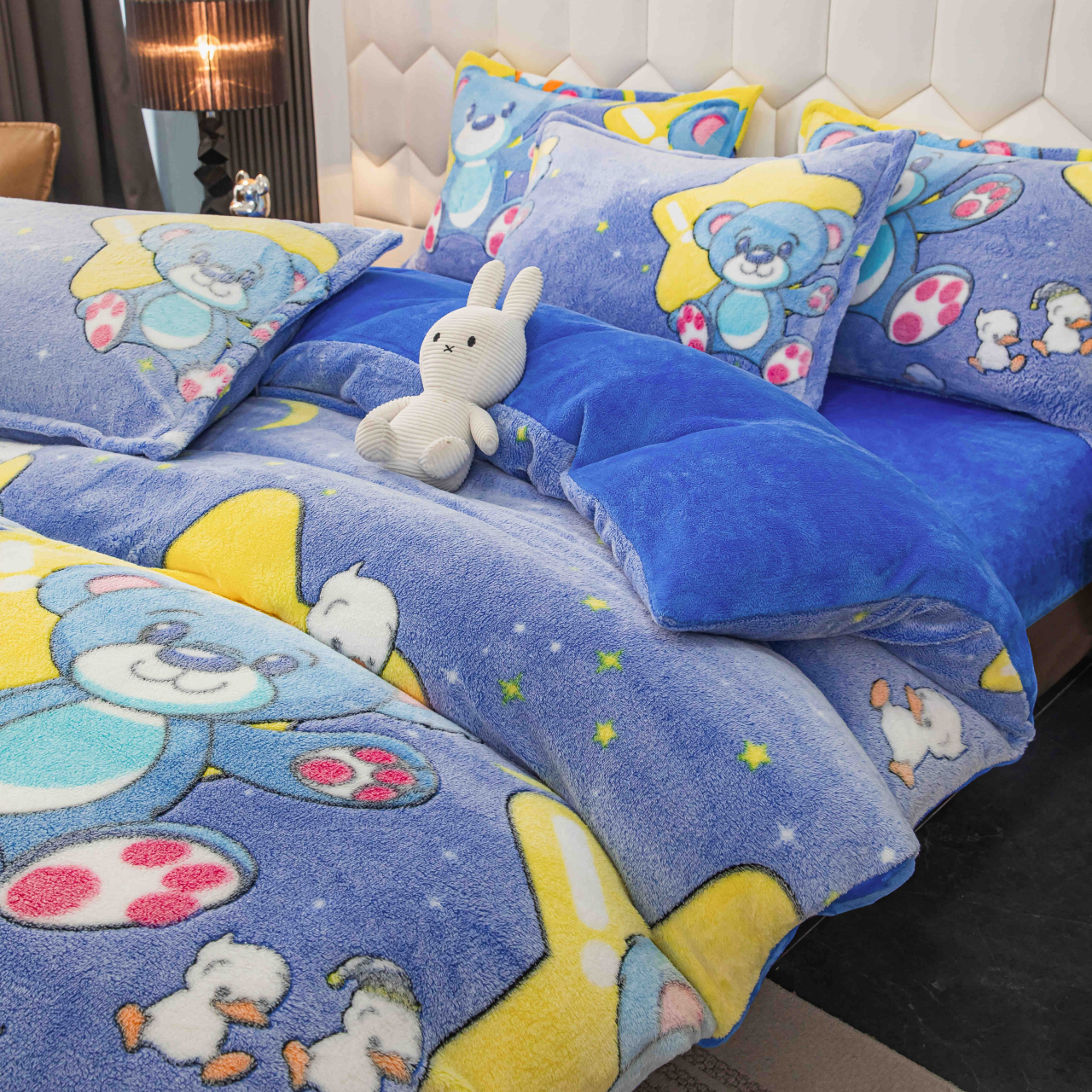 Lenjerie de pat dublu cocolino,4 piese, cearceaf cu elastic,albastra cu ursuleti-A1434 [3]