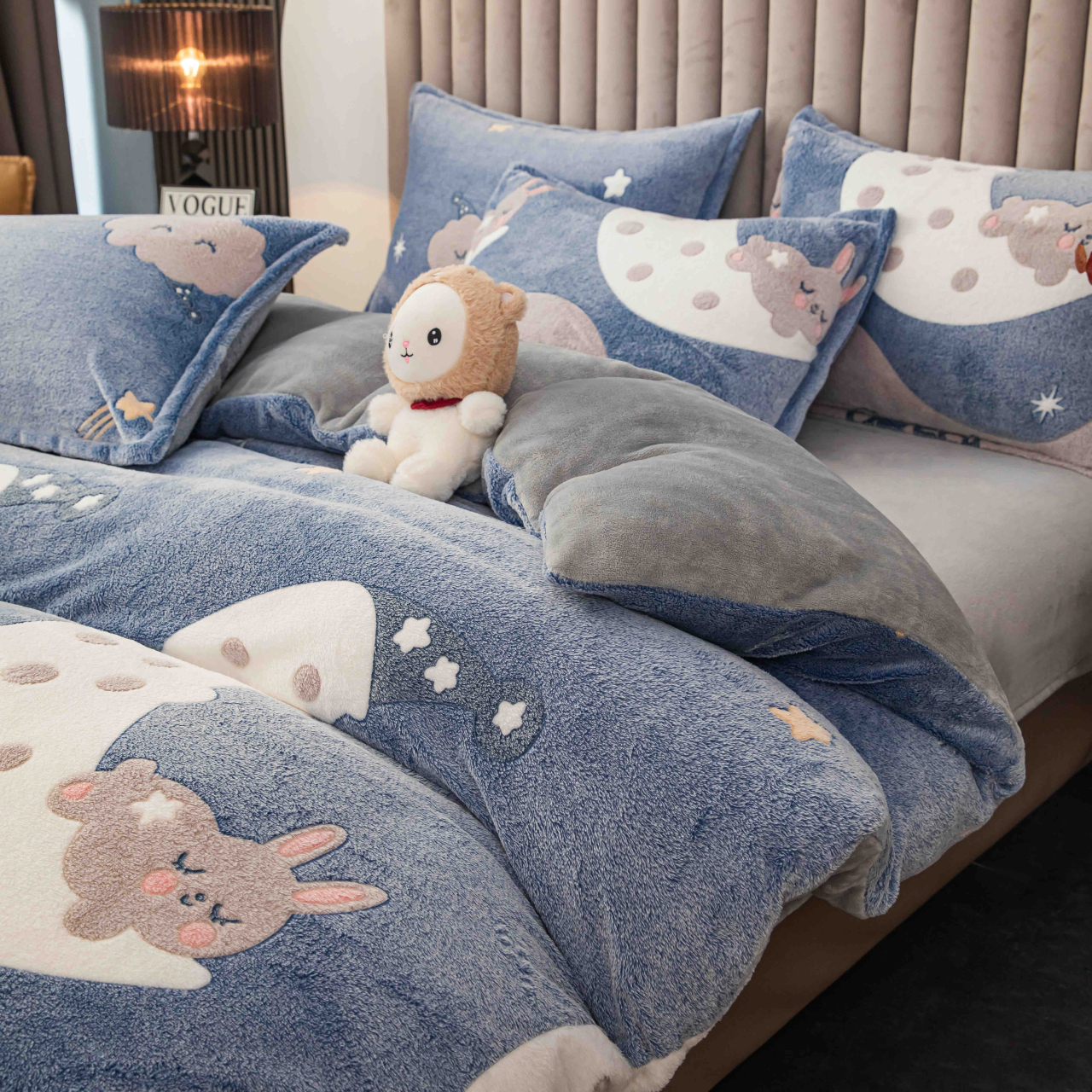 Lenjerie de pat dublu cocolino,4 piese, cearceaf cu elastic,albastra cu luna si stele-A1435 [3]