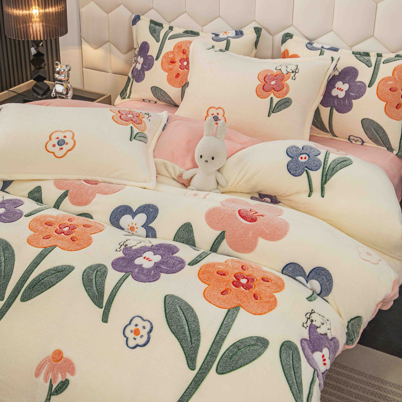 Lenjerie de pat dublu cocolino,4 piese, cearceaf cu elastic,crem cu flori-A1432 [2]