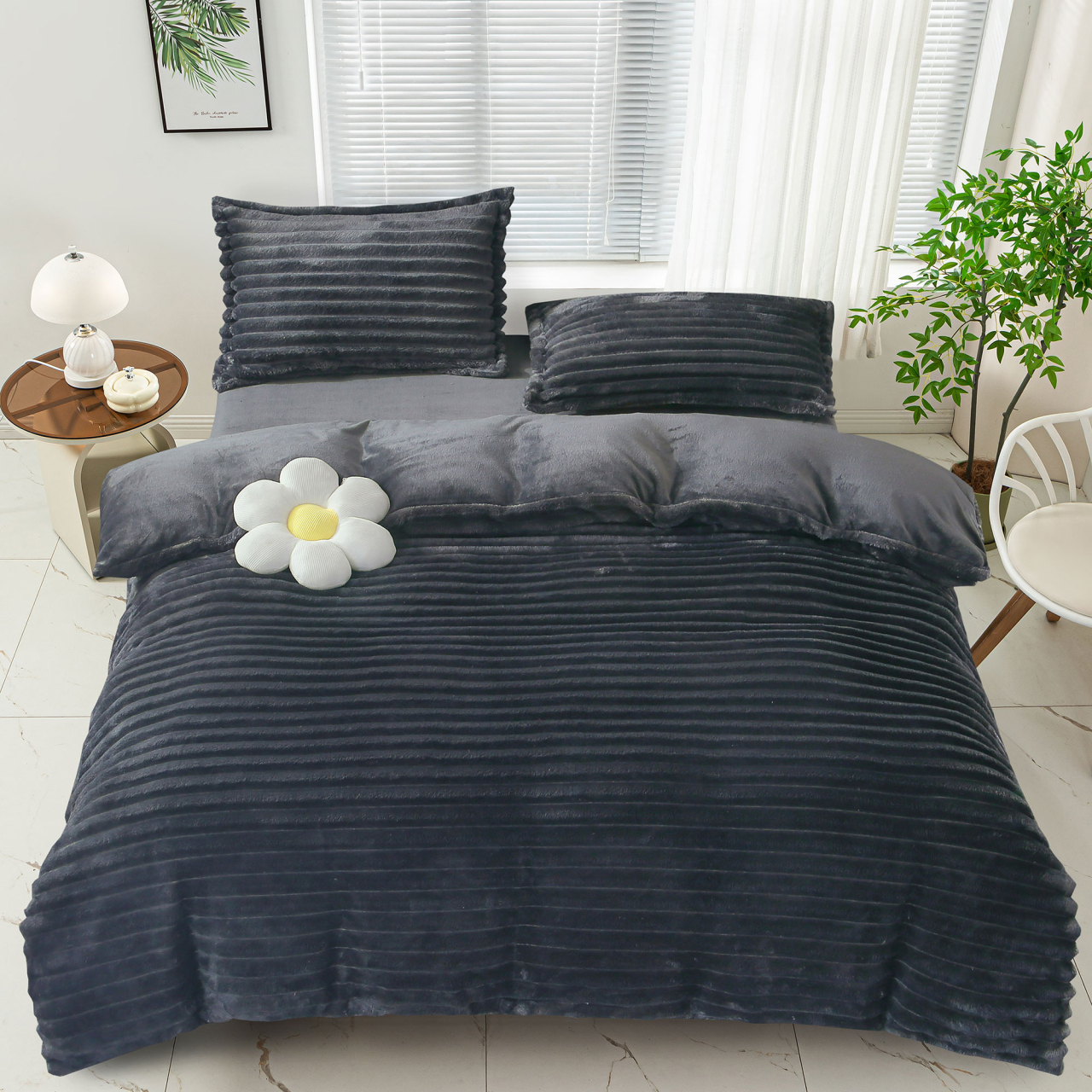 Lenjerie de pat dublu cocolino,4 piese.cearceaf normal,dungi,gri antracit-92687 [1]