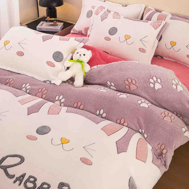 Lenjerie de pat dublu cocolino,4 piese cu elastic,alba cu iepurasi-A951 [2]