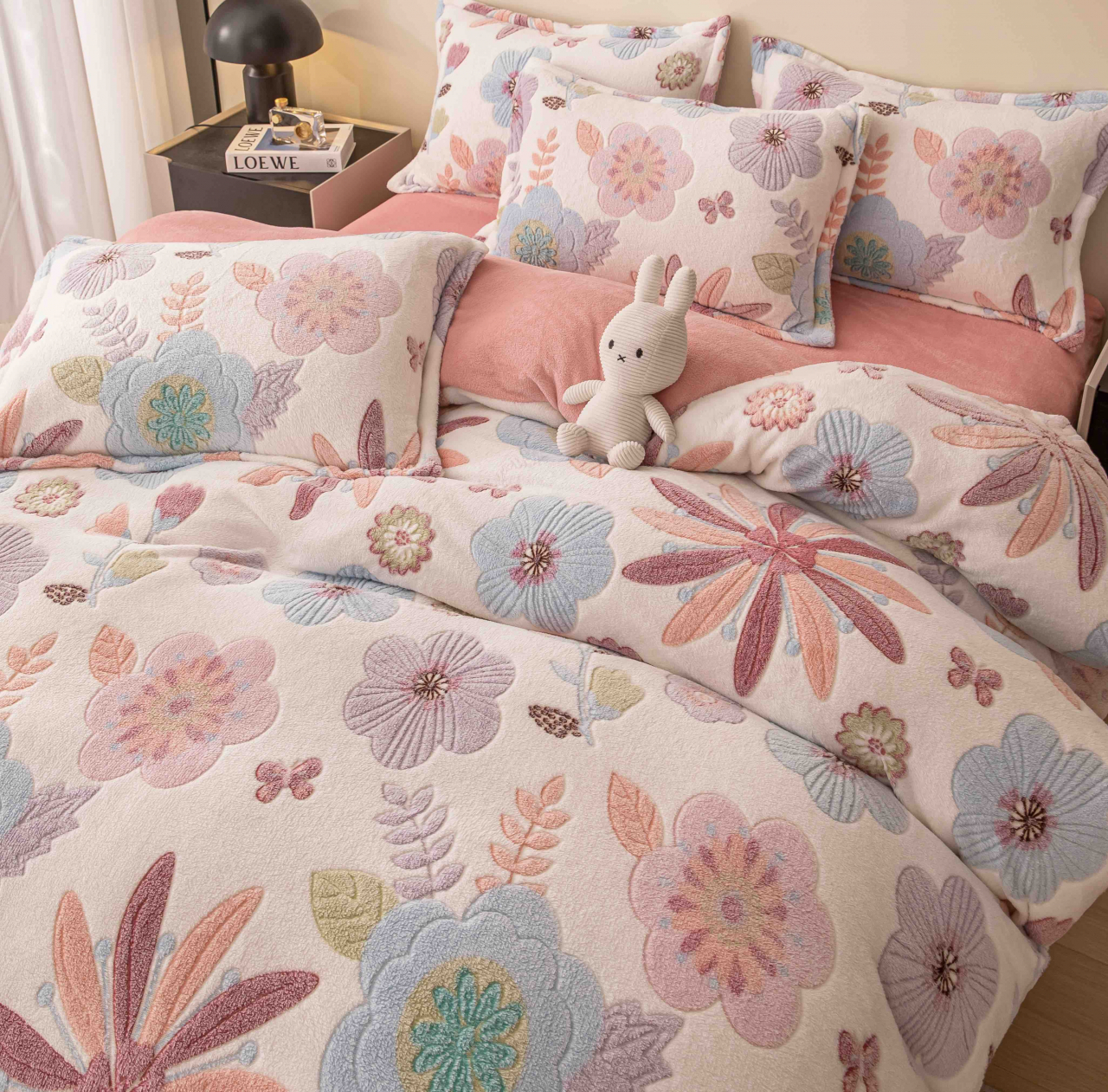 Lenjerie de pat dublu cocolino,4 piese cu elastic,alba cu floricele-A952 [2]