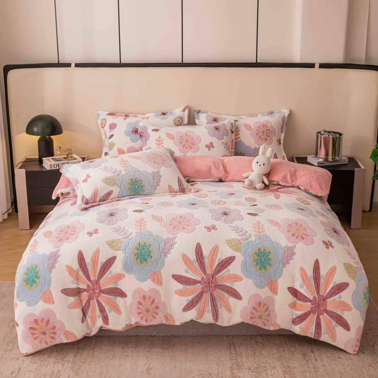 Lenjerie de pat dublu cocolino,4 piese cu elastic,alba cu floricele-A952 [1]